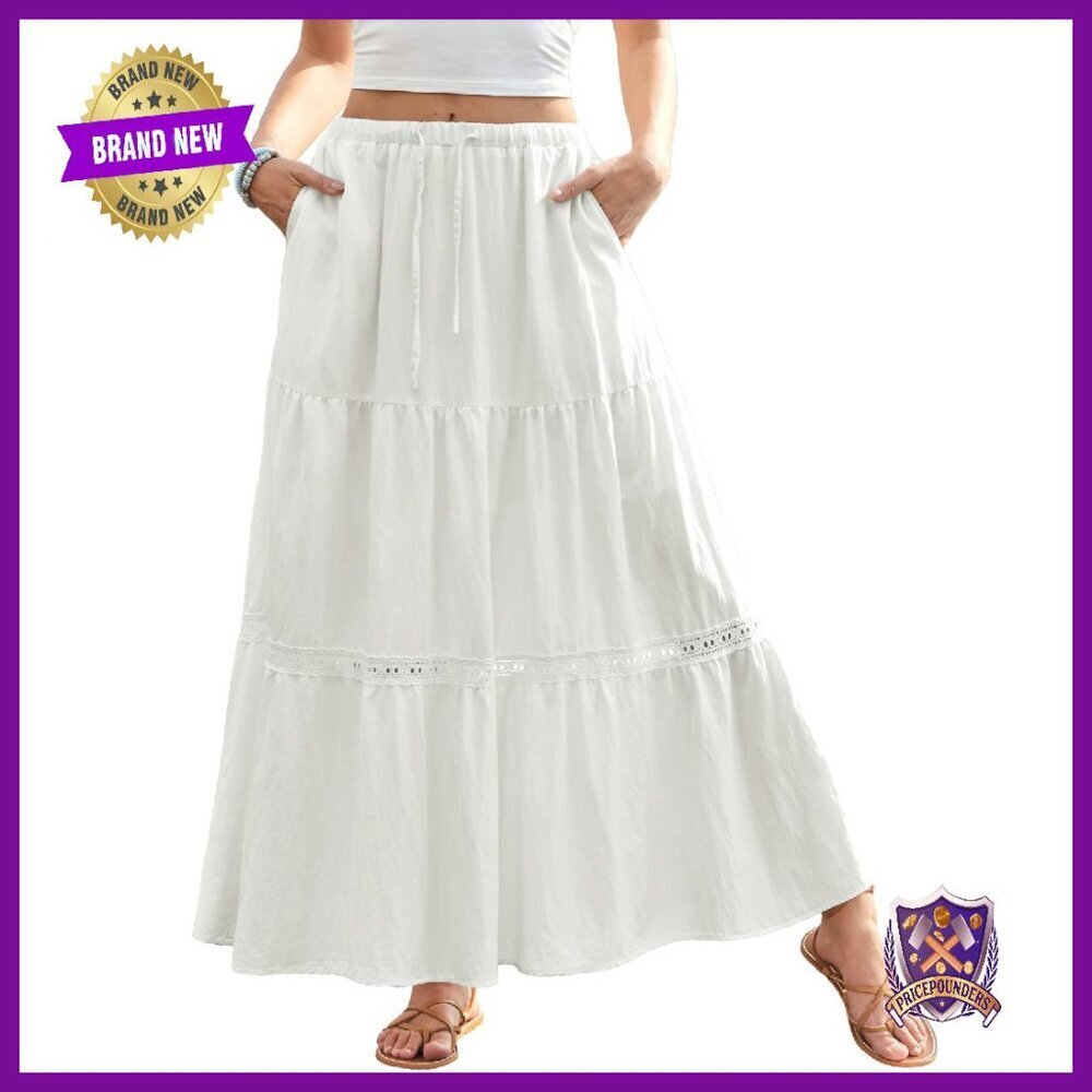 Boho Lace Trim Swing Maxi Skirt High Waisted Tiered Flowy with Pockets